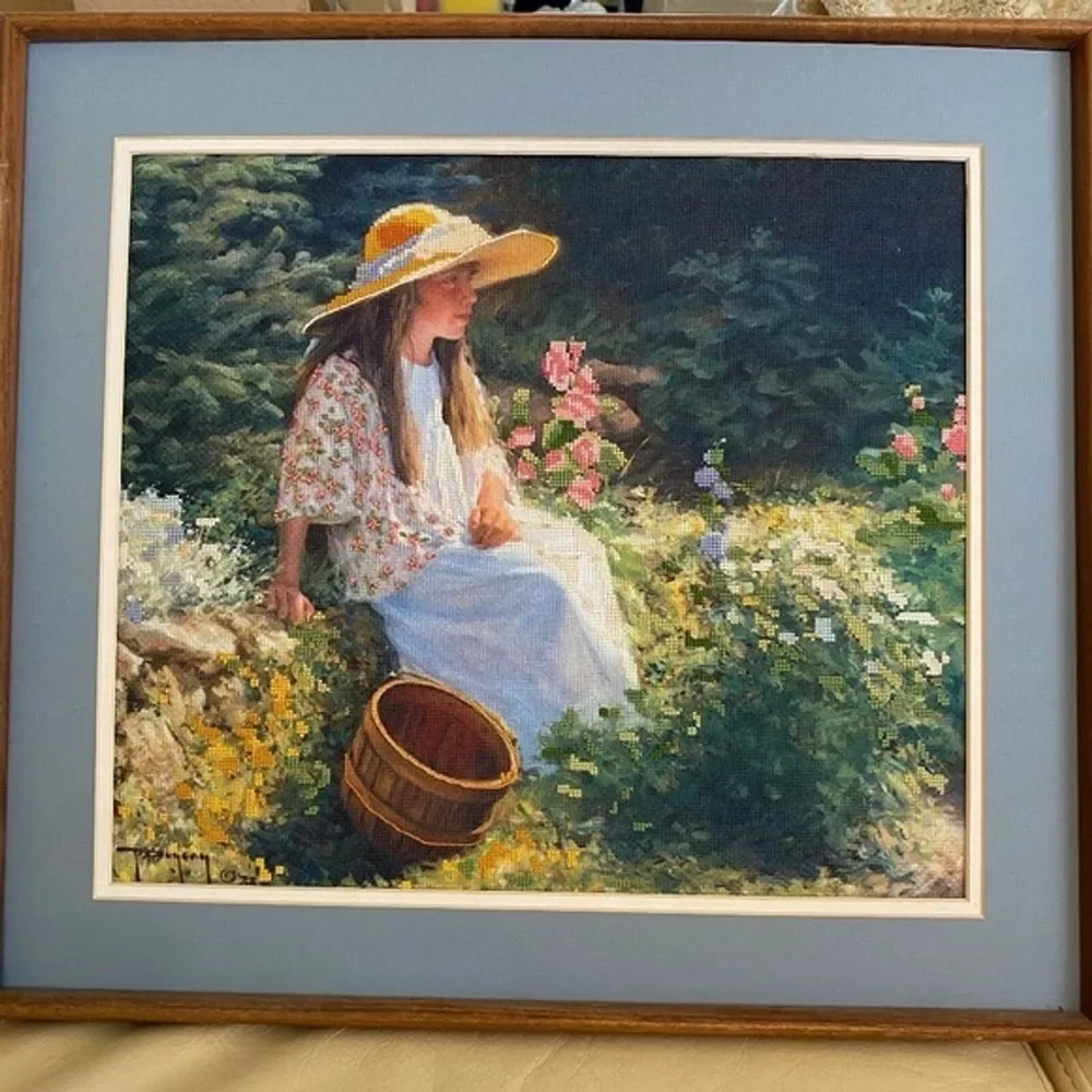 Needlepoint Framed 3D Wall Hanging Crewel Signed Bright Colorful Floral 18 X 20